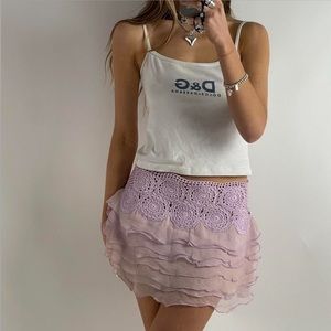 Vintage Pink Lilac Fairy Silk Ruffle Crochet Skirt